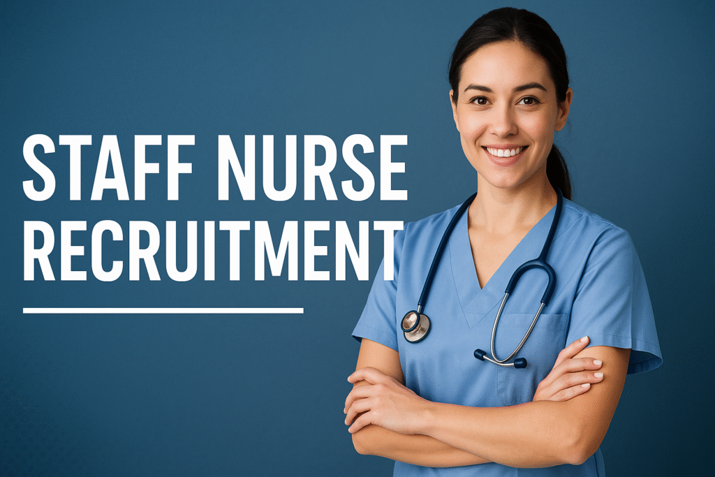 Female staff nurse standing with stethoscope for nursing recruitment banner