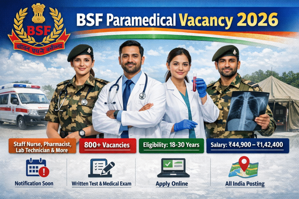 BSF Paramedical Vacancy 2026 thumbnail showing Staff Nurse, Pharmacist, Lab Technician and BSF soldiers with apply online for 800+ posts text