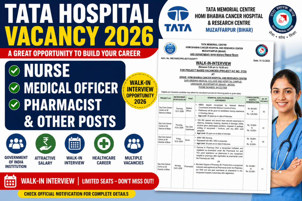 TATA Hospital Vacancy 2026 walk-in interview notification for nurse, medical officer, pharmacist and MTS posts at Homi Bhabha Cancer Hospital Muzaffarpur