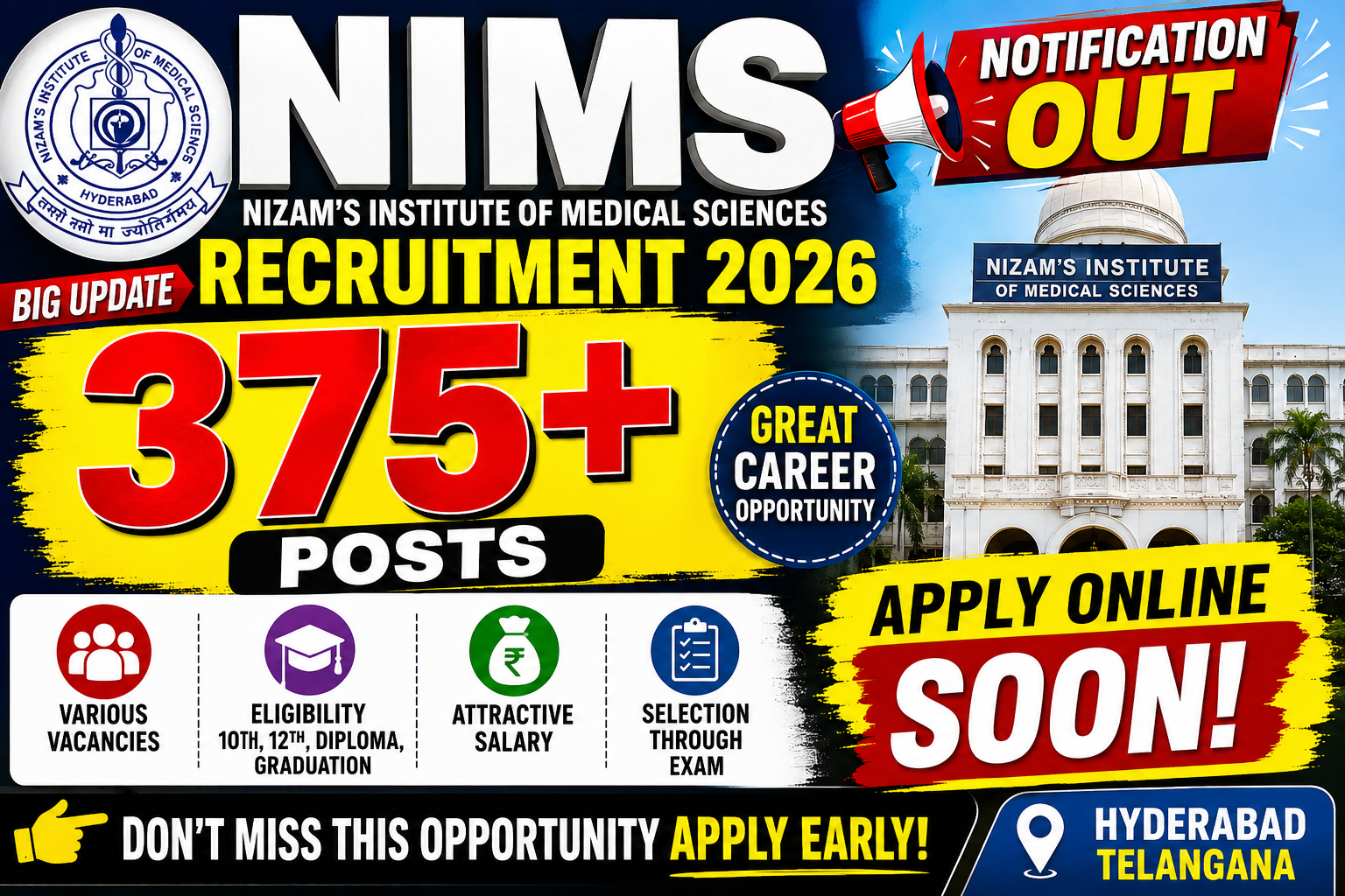 NIMS Recruitment 2026 Notification Out for 375+ Posts – Apply Online for Various Vacancies at Nizam’s Institute of Medical Sciences