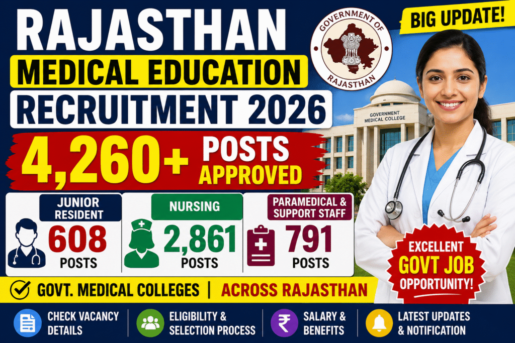 Rajasthan Medical Education Recruitment 2026 thumbnail showing 4260+ approved government job vacancies including 2861 nursing posts, 608 junior resident posts, and paramedical staff positions in Rajasthan government medical colleges