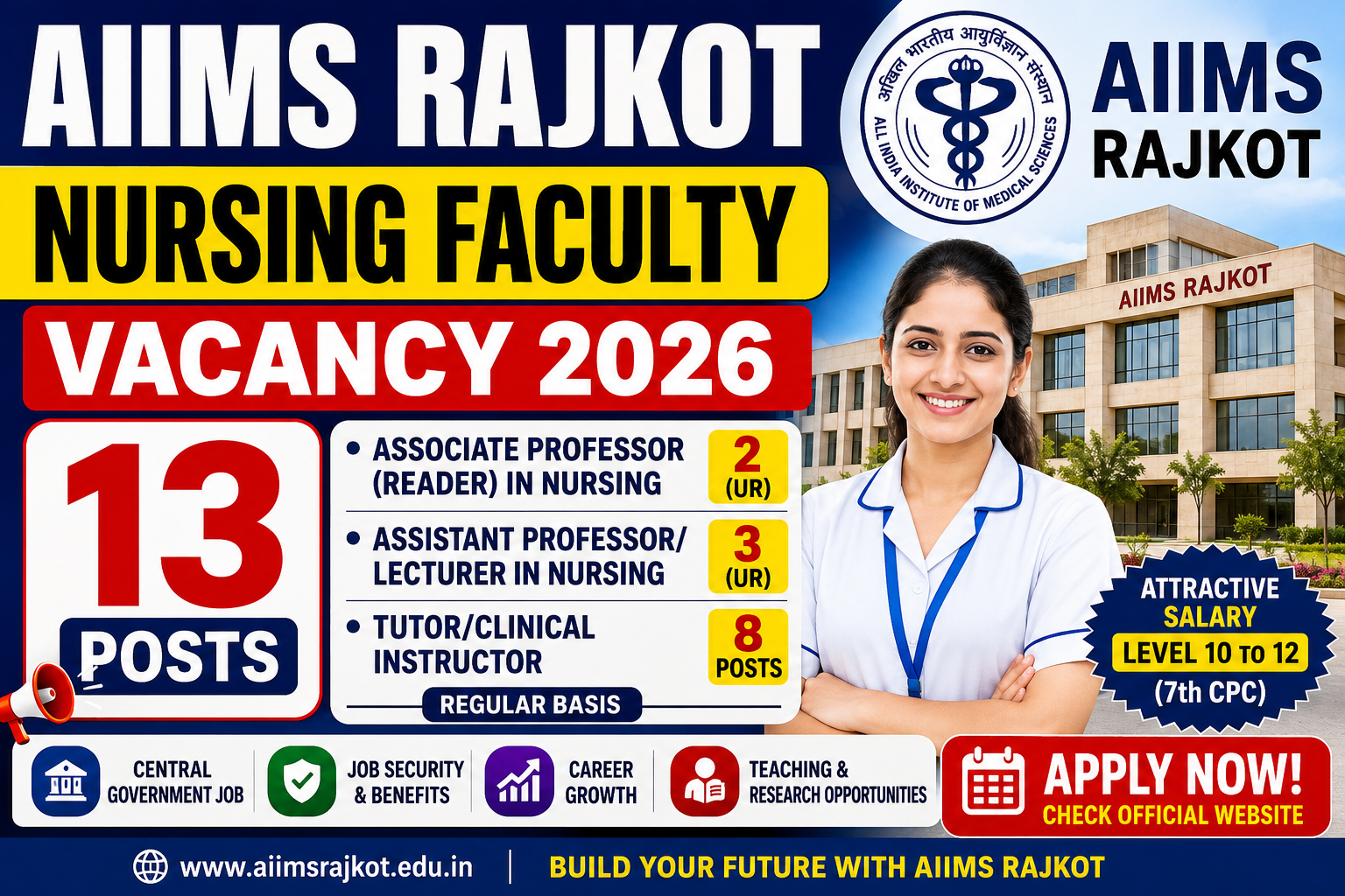 AIIMS Rajkot Nursing Faculty Vacancy 2026 – 13 Posts for Associate Professor, Assistant Professor and Tutor