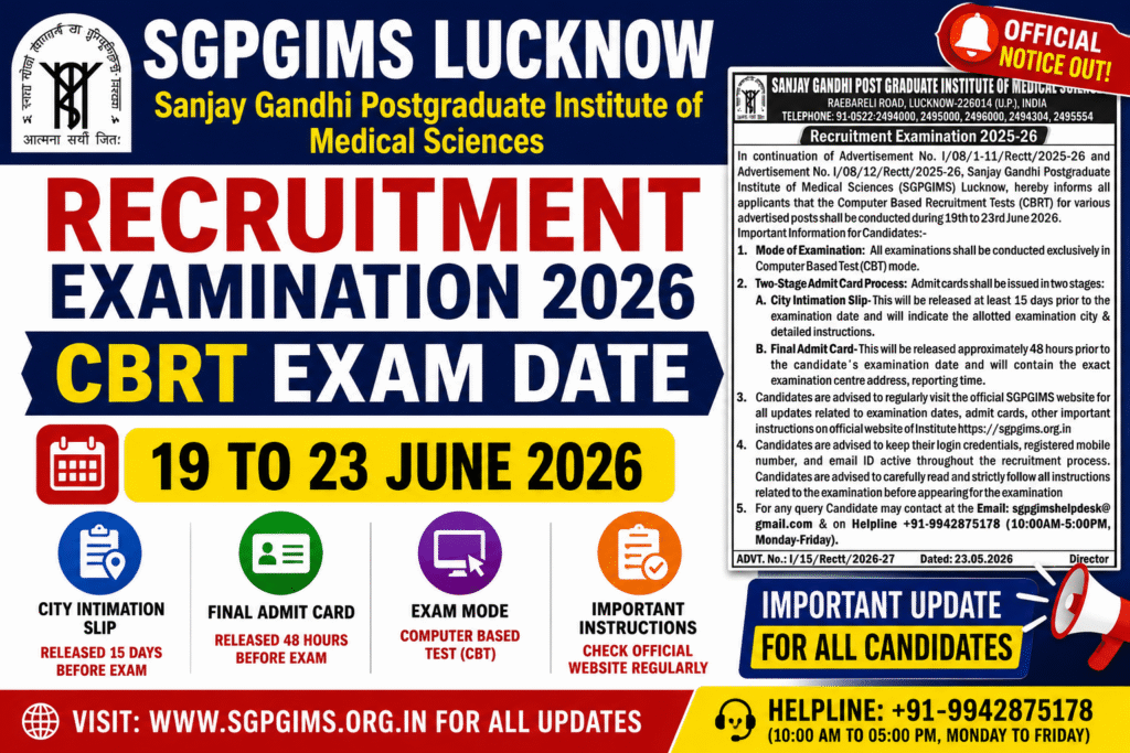 SGPGIMS Recruitment Examination 2026 Official Exam Notice