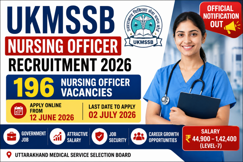 UKMSSB Nursing Officer Recruitment 2026 Apply Online for 196 Nursing Officer Vacancies in Uttarakhand